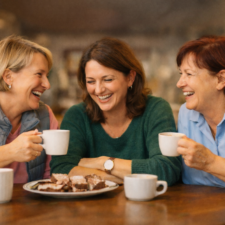 Drei Frauen lachen und trinken Kaffee, während sie Kuchen auf einem Tablett teilen.