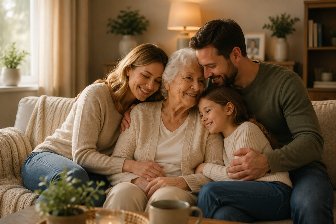 Eine große Entlastung für unsere Familie Eine Familie umarmt eine ältere Frau in einem gemütlichen Wohnzimmer.